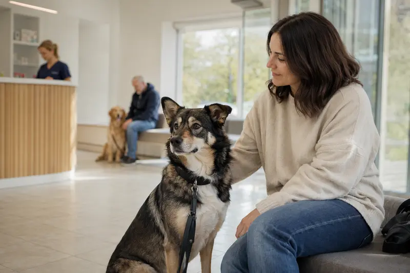 Ein Alaskan Indian Dog sitzt entspannt neben seinem Besitzer in einem modernen Tierarztwartezimmer.